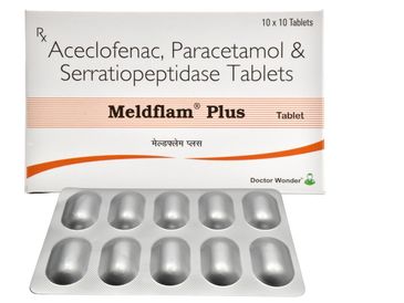 Box of Meldflam Plus tablets with Aceclofenac, Paracetamol, and Serratiopeptidase.