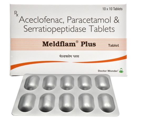 Meldflam Plus tablets with Aceclofenac, Paracetamol, and Serratiopeptidase.