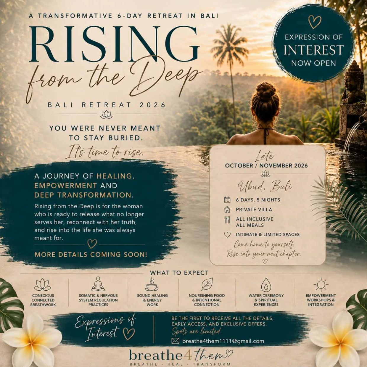Promotional flyer for a transformative 6-day women's retreat in Bali, 2026.