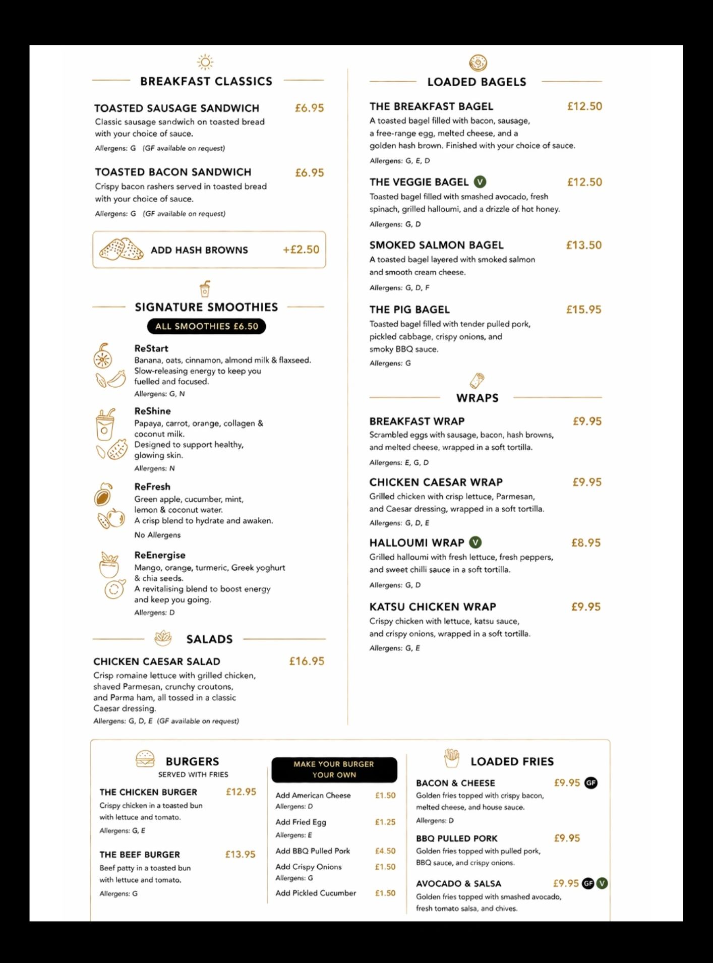 Menu featuring breakfast classics, smoothies, bagels, wraps, salads, burgers, and loaded fries.