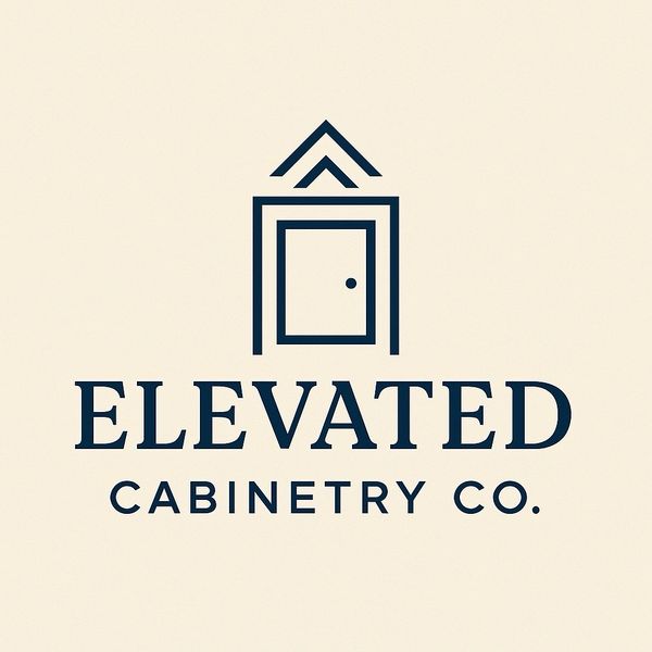 Logo featuring a door and upward arrows for Elevated Cabinetry Co.