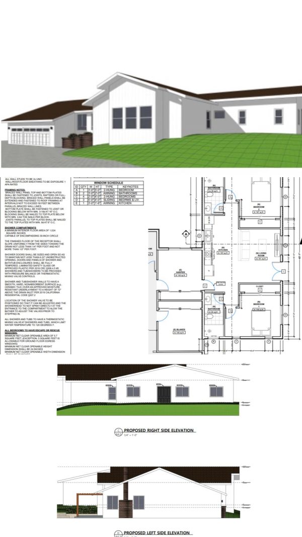 3D rendered house design with floor plan and elevations.