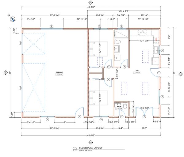 Architectural floor plan layout of a garage with adjacent rooms.