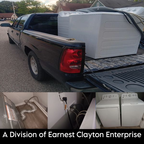 Pickup truck transporting washing machines.