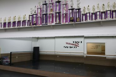 Dance studio with a shelf full of trophies above the mirrors.
