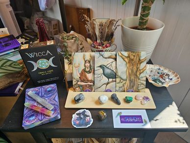 The beautiful Wicca Oracle card deck. All crystals are available from our shop. 