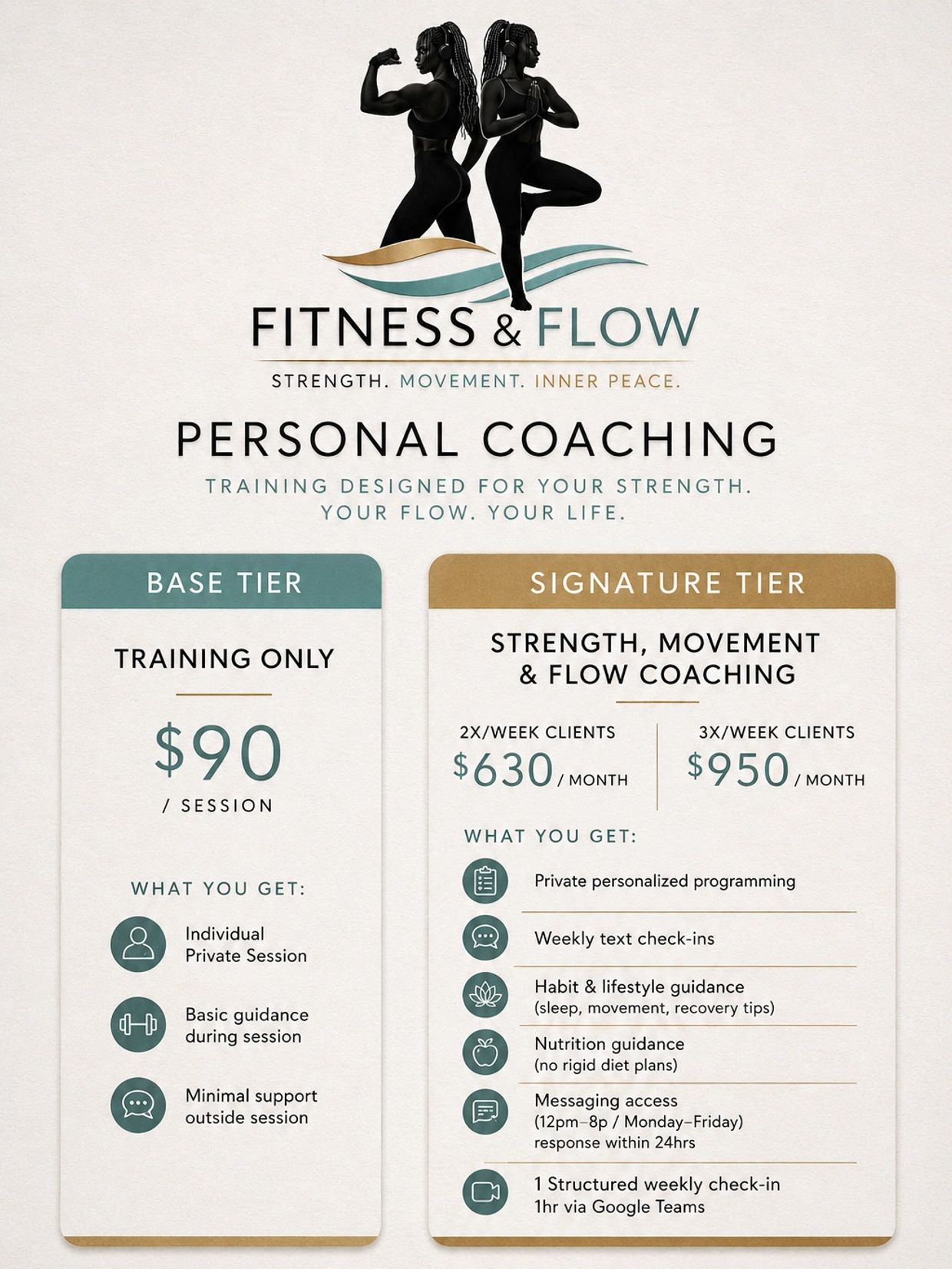 Fitness &amp; Flow personal coaching tiers with training and coaching options.