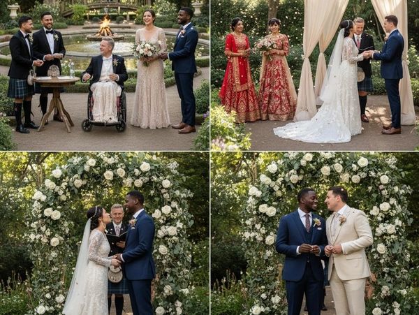 A joyful multicultural wedding ceremony and celebration in a beautiful garden setting.