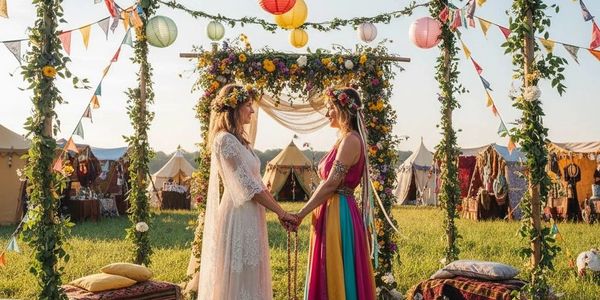 Two women holding hands under a floral arch at an outdoor celebration.