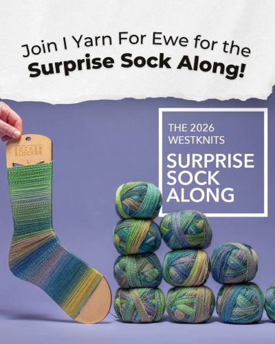 Invitation to join the 2026 Westknits Surprise Sock Along with colorful yarn.