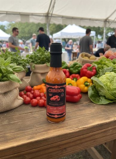 Hot pepper sauce bottle at a farmers market.