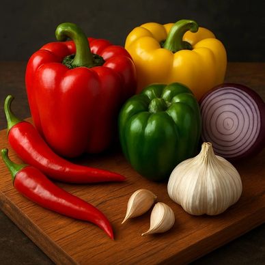 Colorful bell peppers, chili peppers, garlic, and red onion on a wooden board.