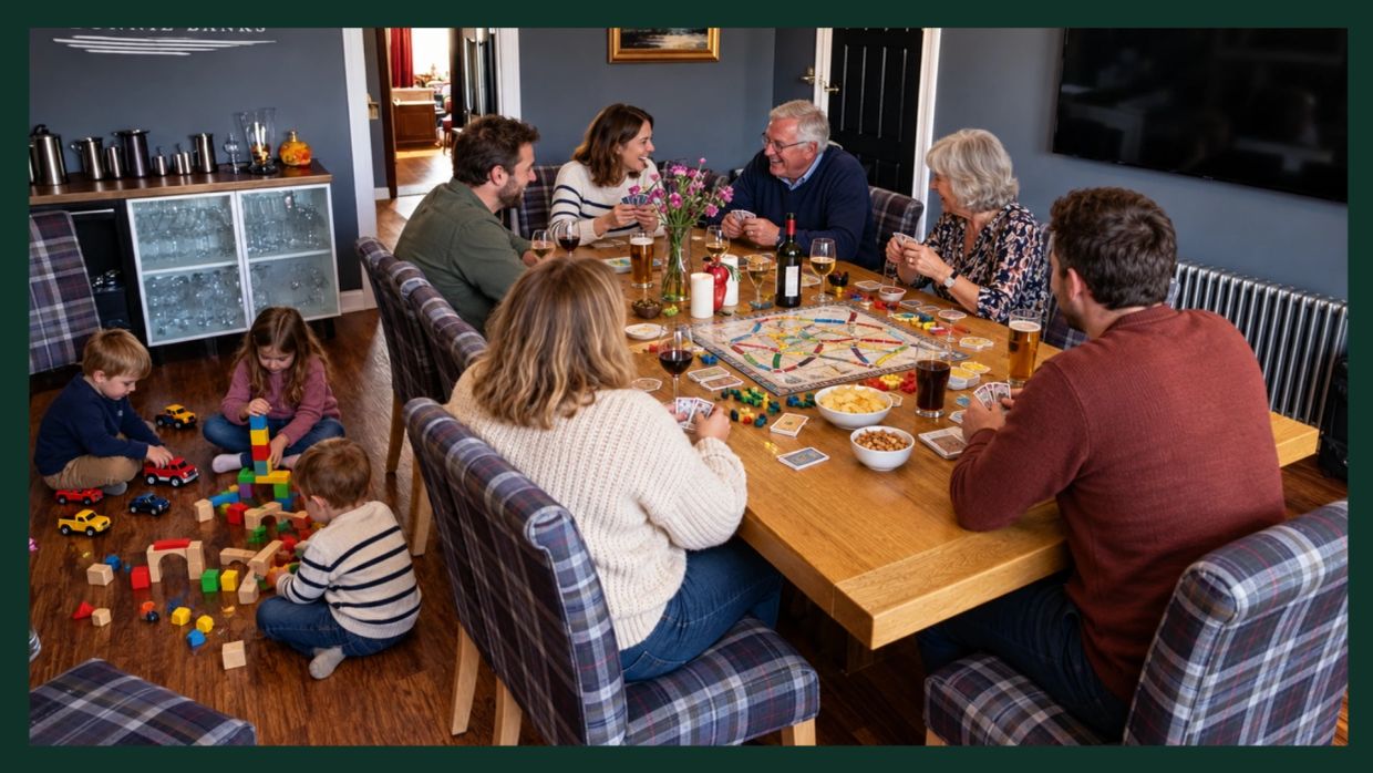 Family playing board and building block games at home.