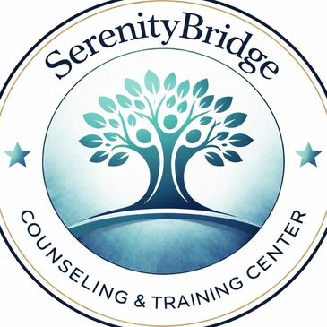 Logo of SerenityBridge Counseling &amp; Training Center with a stylized tree and human figures.