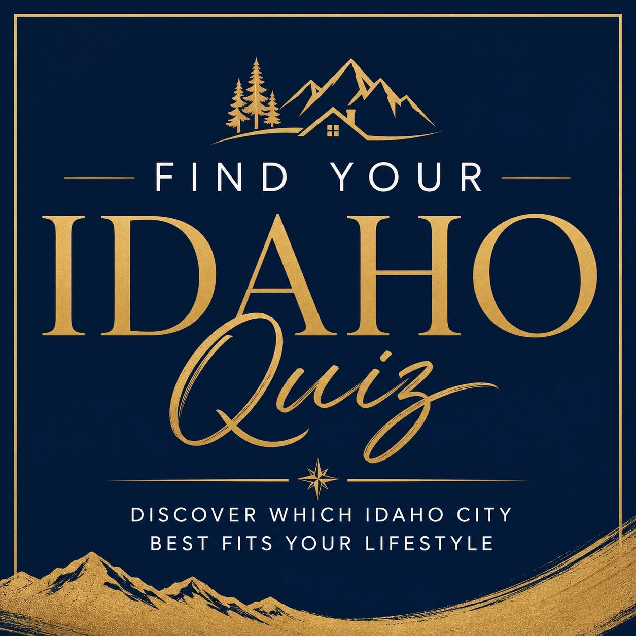 Find your Idaho city quiz graphic with mountains and trees.