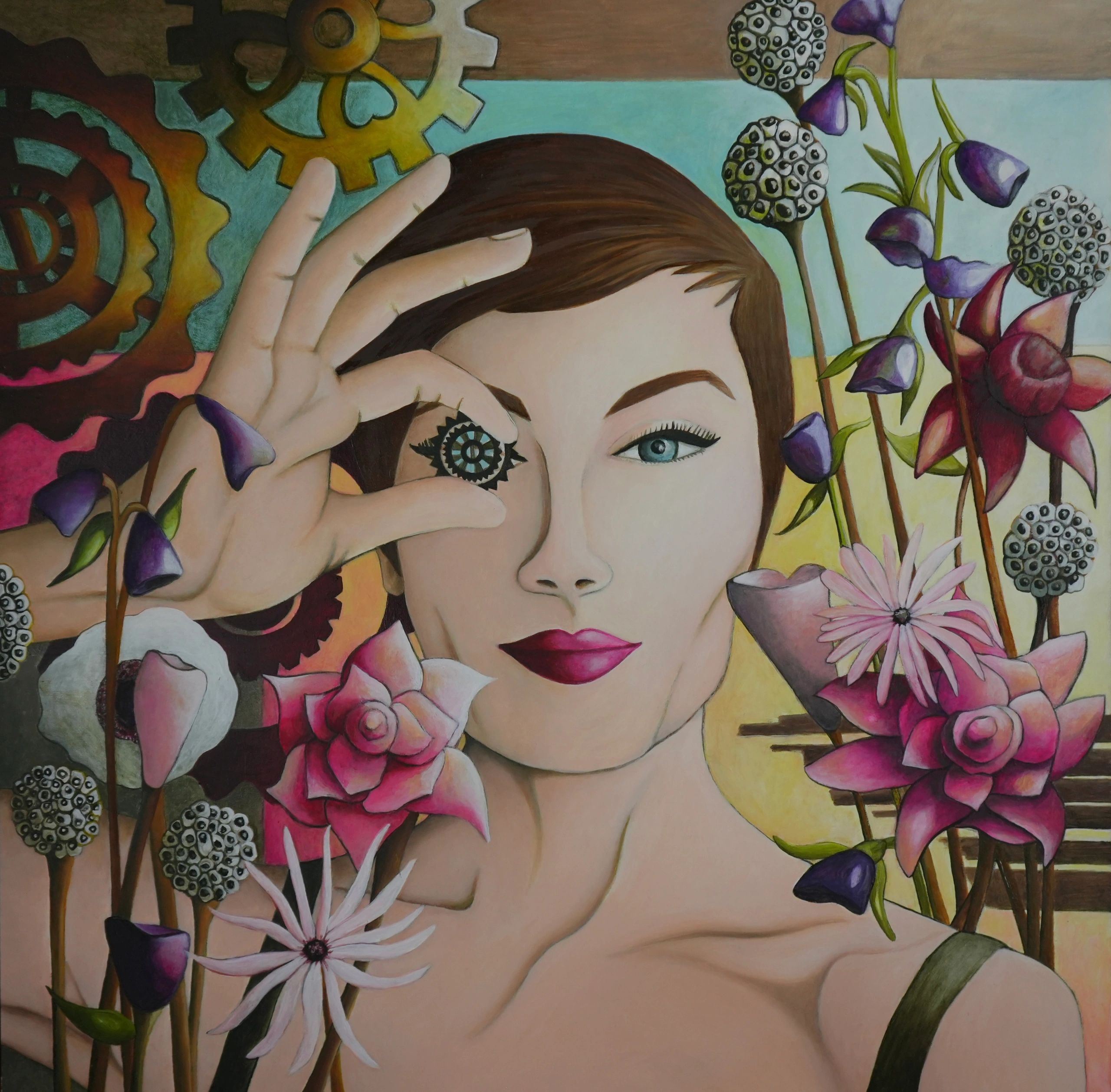 Surreal painting of a woman amidst gears and flowers.