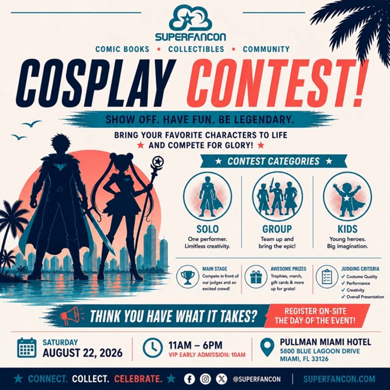 Superfancon cosplay contest with solo, group, and kids categories on August 22, 2026.