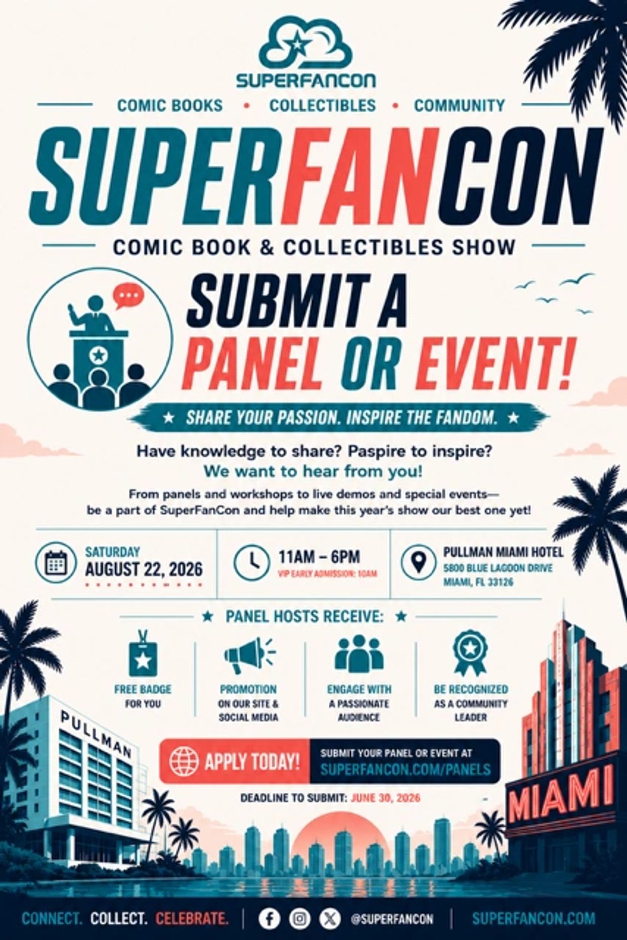 SuperFanCon comic book and collectibles show panel submission in Miami, August 22, 2026.