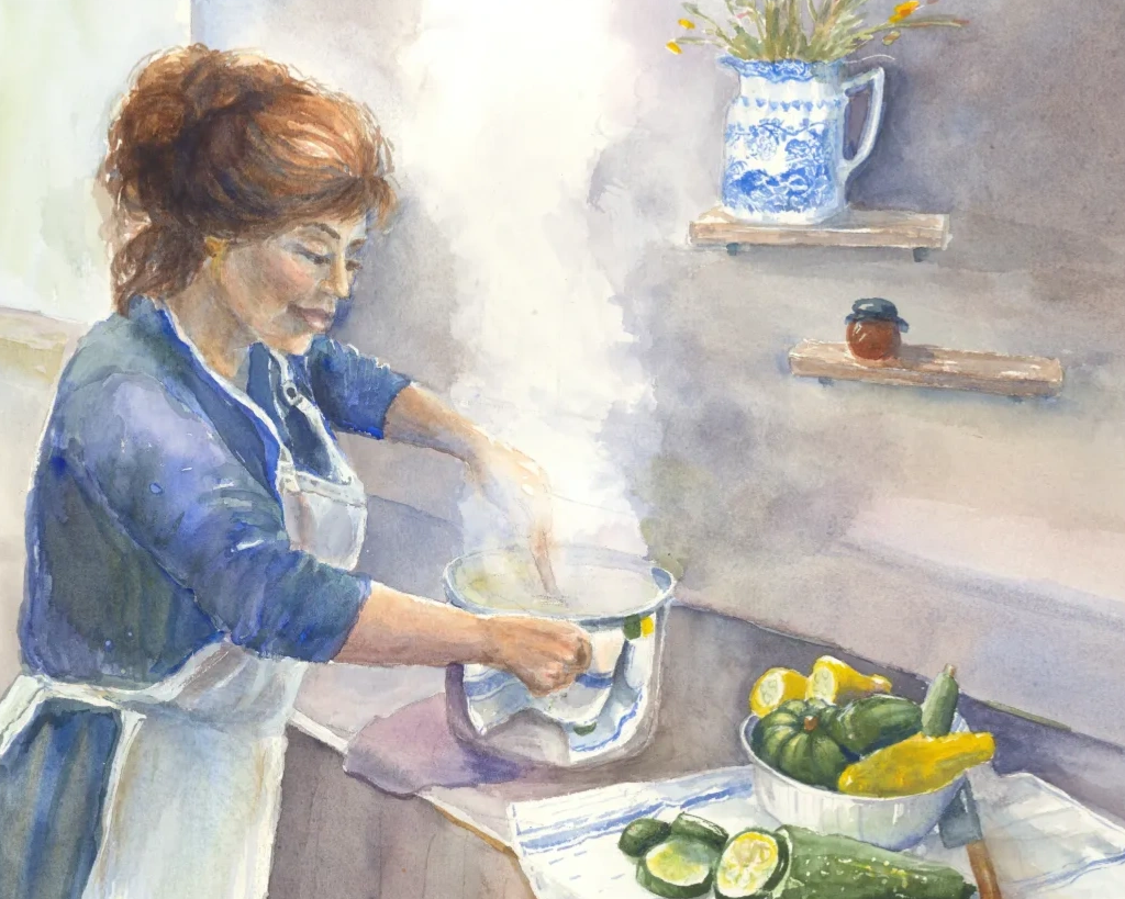 The Cook with Blue Quail Pitcher. Watercolor. $275