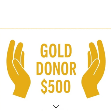 Gold donor badge with $500 donation and hands symbol.