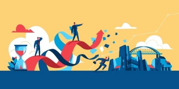 Business progress with arrows and people.