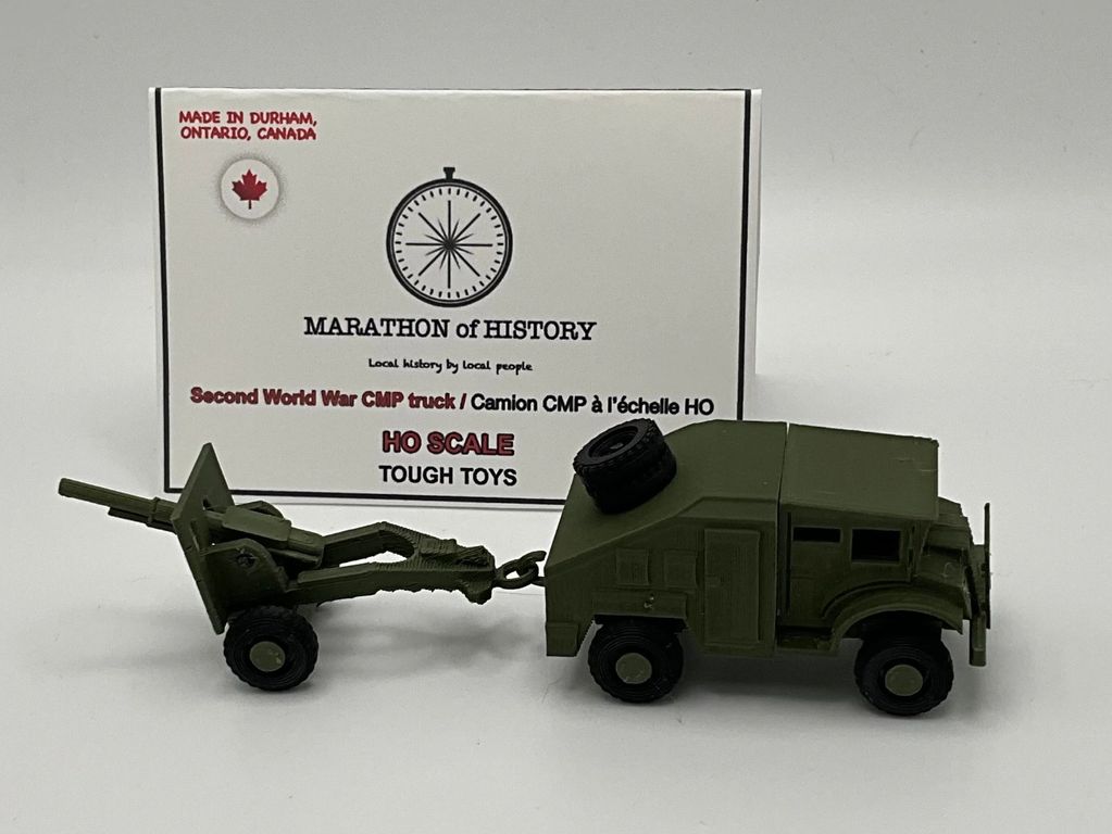 HO scale model of a WWII CMP truck towing artillery, made in Canada.