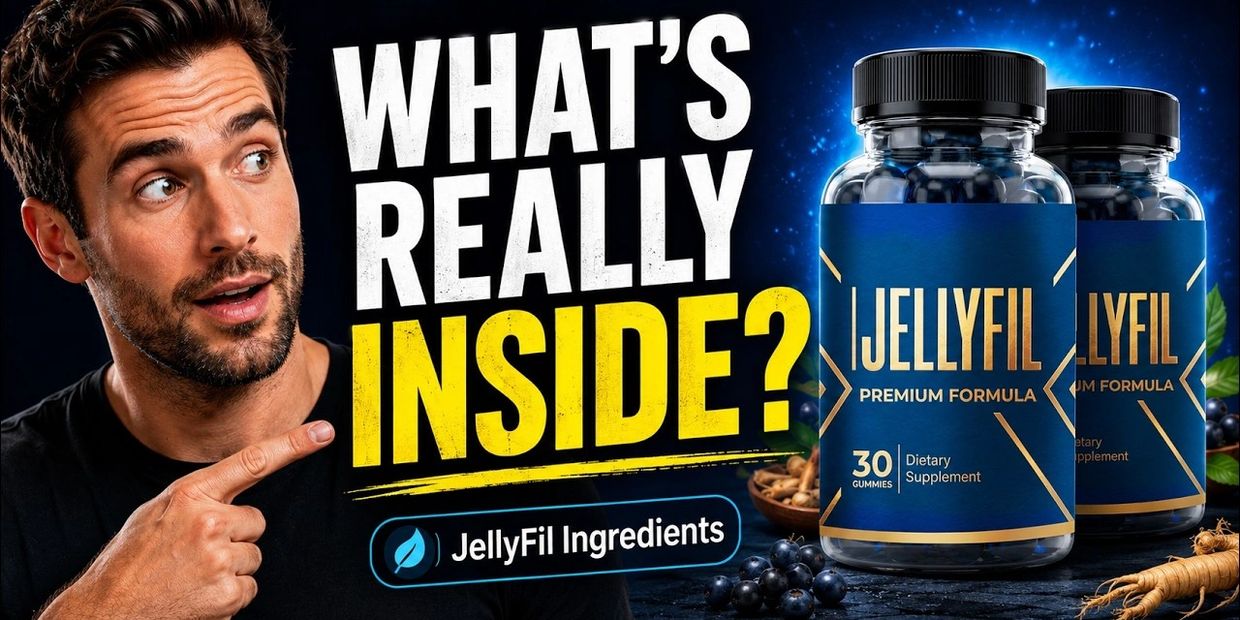 Man points at JellyFil supplement with text questioning its ingredients.