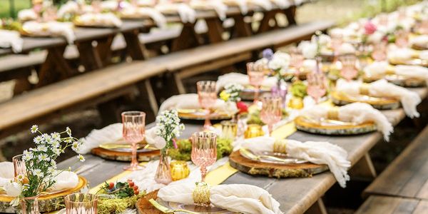 Rustic, elegant, wedding, table, floral, pink, outdoor, intimate, charming, celebratory.
