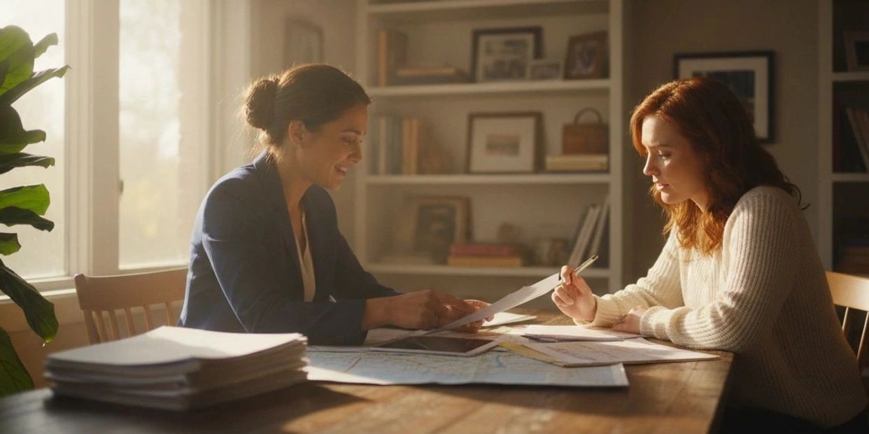 Two women discussing documents at a wooden table.