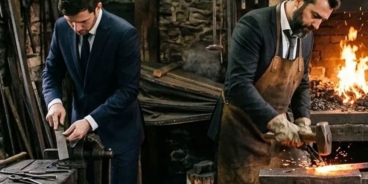 Two men in suits working in a blacksmith workshop, one filing metal and the other hammering.