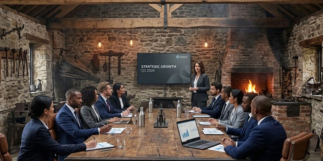 Business meeting in a rustic room with stone walls and a fireplace.