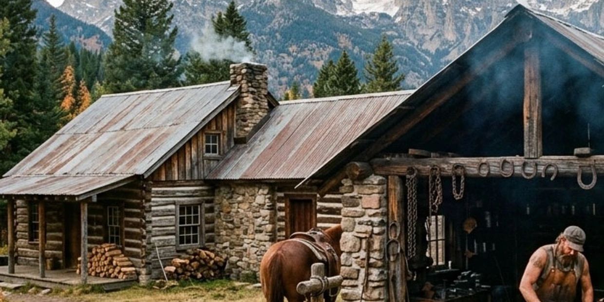 Rustic cabin with a horse and a man working outside in a mountainous forest.