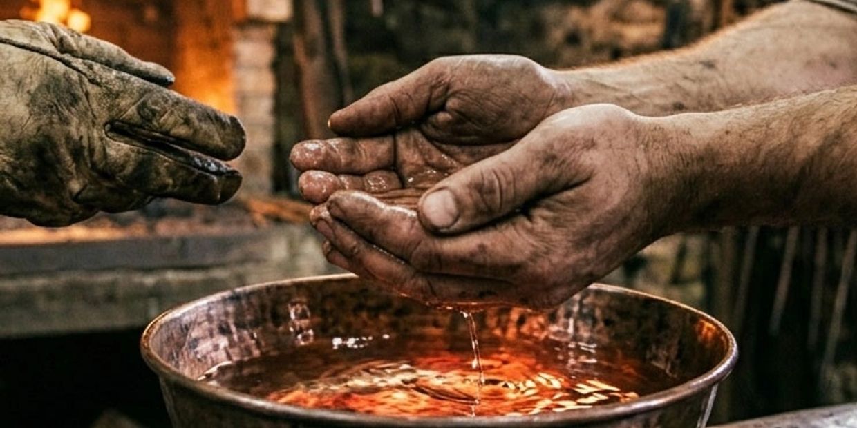 Dirty hands being washed in a metal basin with warm light.