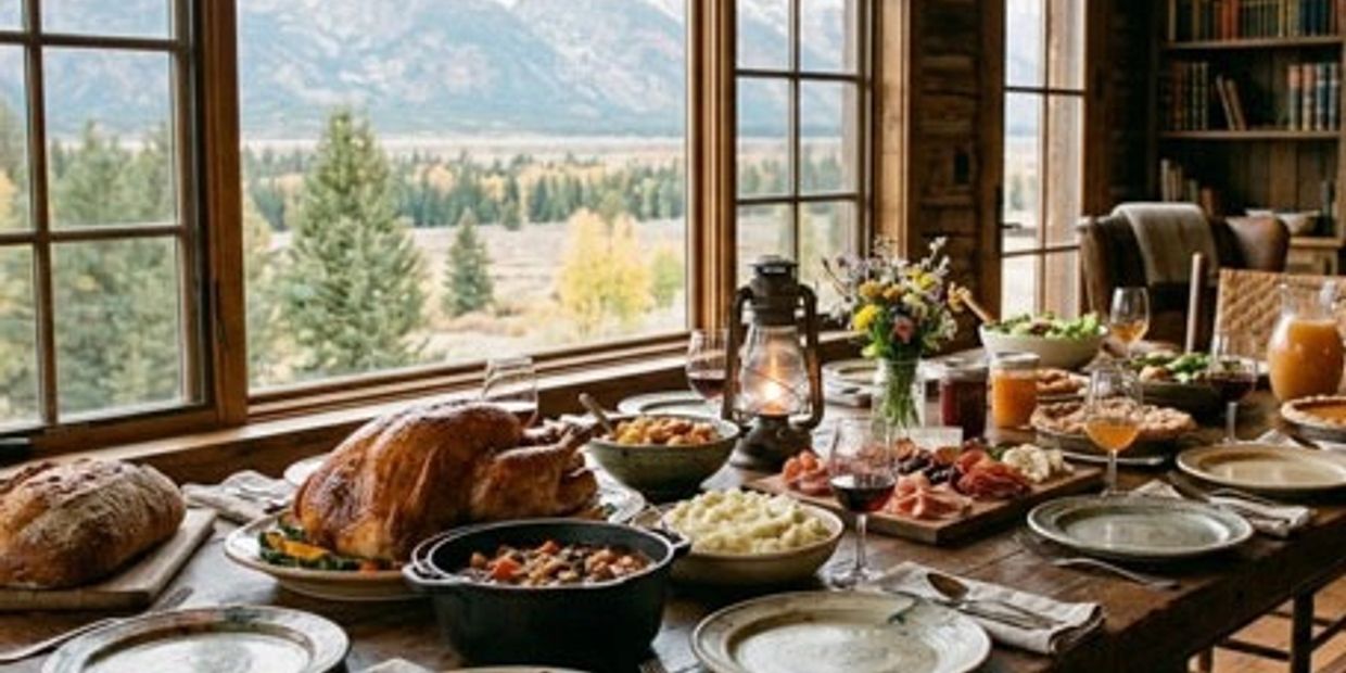 Rustic dining table set with a festive meal overlooking a scenic mountain view.