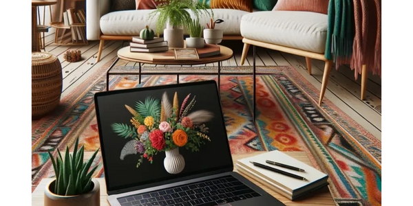 A laptop on a desk in a boho design living room.