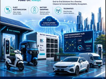 Electric vehicles charging with smart fleet management and battery swapping technology in a futuristic city.
