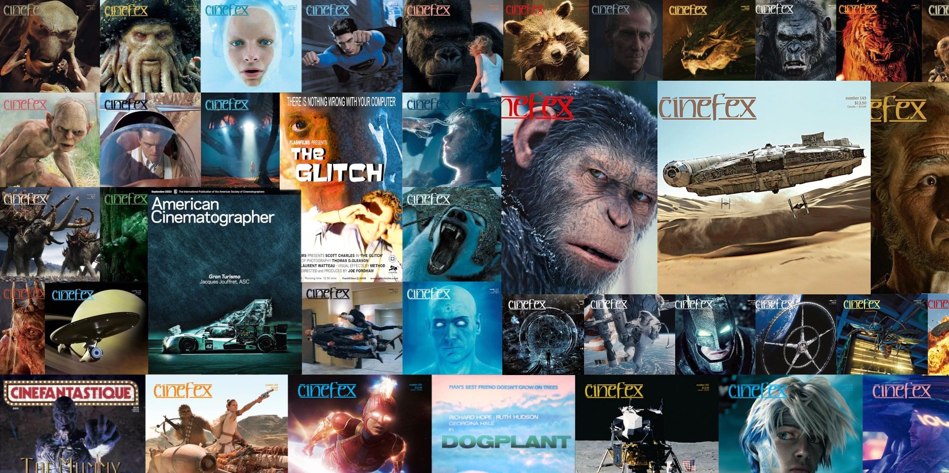 A collage of various Cinefex magazine covers featuring iconic movie characters and scenes.