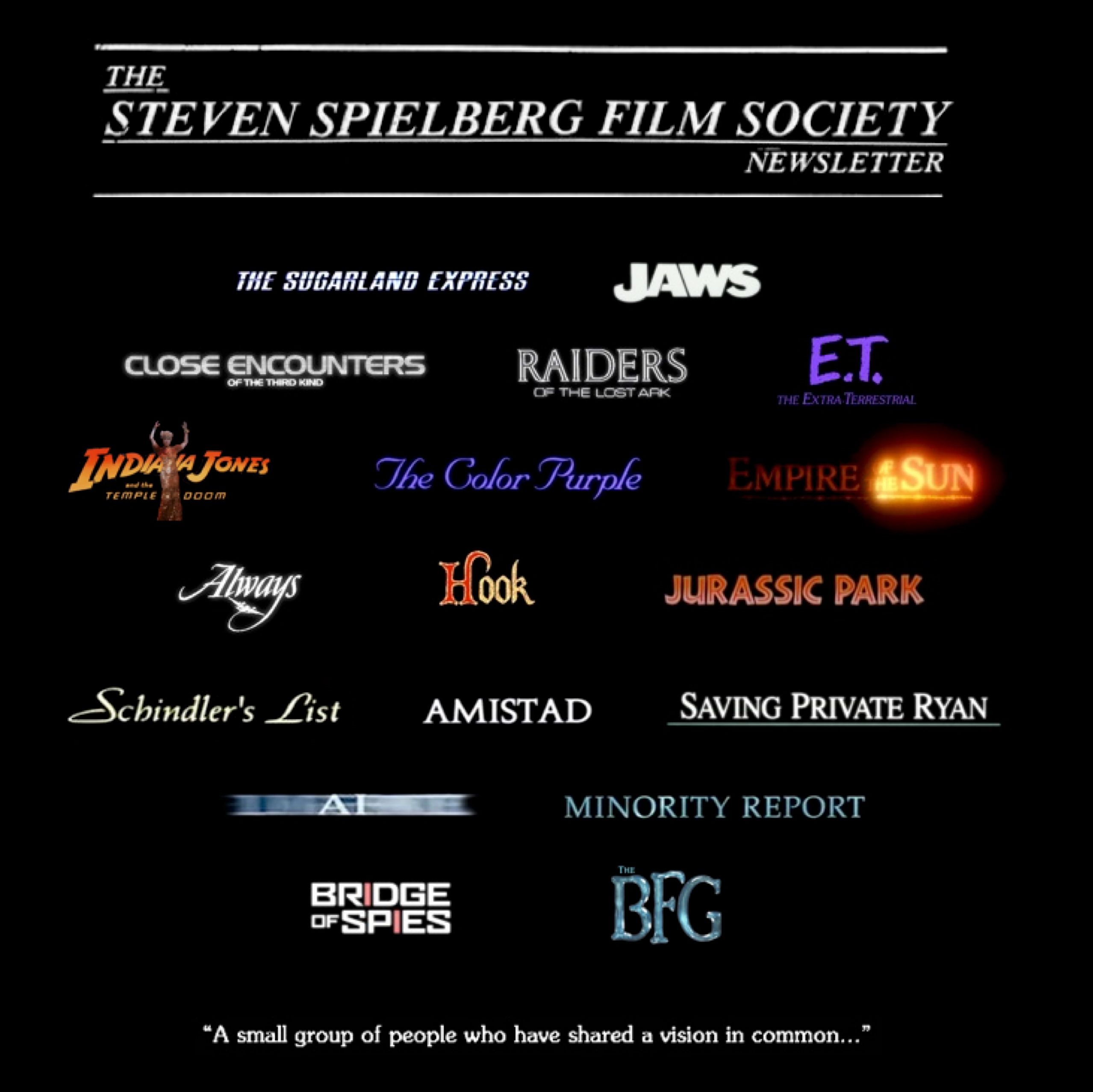 Steven Spielberg Film Society newsletter showcasing iconic film titles.