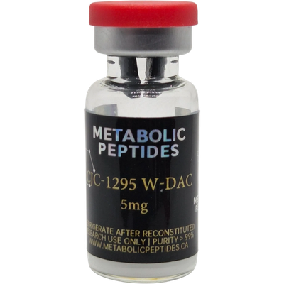 Vial of Metabolic Peptides CJC-1295 W-DAC, 5mg, with red cap.