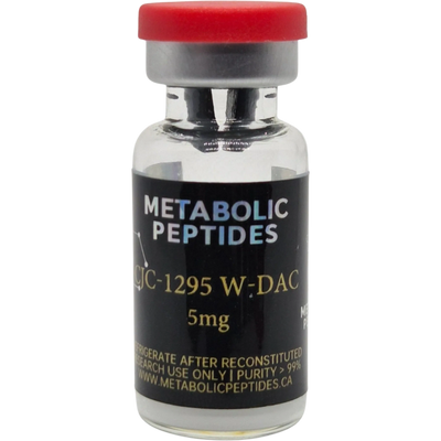 Vial of Metabolic Peptides CJC-1295 W-DAC, 5mg, with red cap.