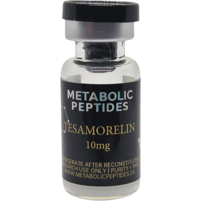 A vial of Tesamorelin peptide for research use.