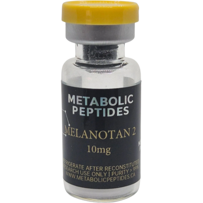 Small vial labeled Metabolic Peptides Melanotan 2 10mg with yellow cap.