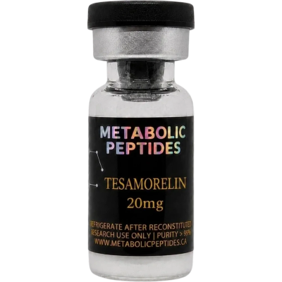 Vial of Tesamorelin, 20mg, from Metabolic Peptides.