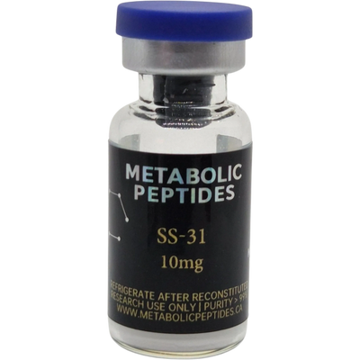 Vial of SS-31 metabolic peptides, 10mg, with a blue cap.