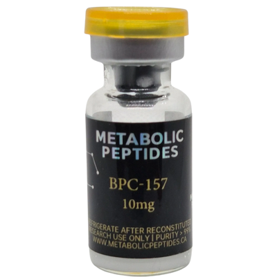 A vial labeled Metabolic Peptides BPC-157 10mg with a yellow cap.