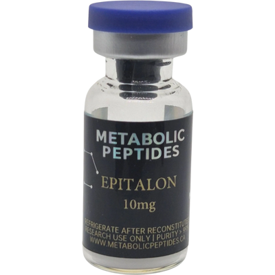 A vial labeled Metabolic Peptides Epitalon 10mg with a blue cap.