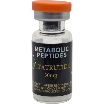 Vial of Metabolic Peptides Retatrutide 30mg with orange cap.