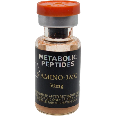 Vial of Metabolic Peptides 5-Amino-1MQ, 50mg, with orange cap.