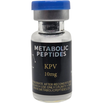 Vial of Metabolic Peptides KPV, 10mg, with blue cap.
