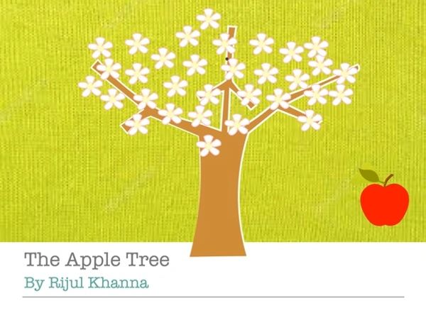 Illustration of an apple tree with white flowers and a red apple on a green background.
